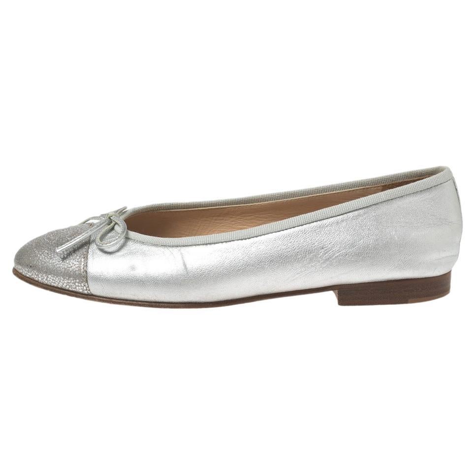 Chanel Silver Leather CC Cap Toe Bow Ballet Flats Size 37