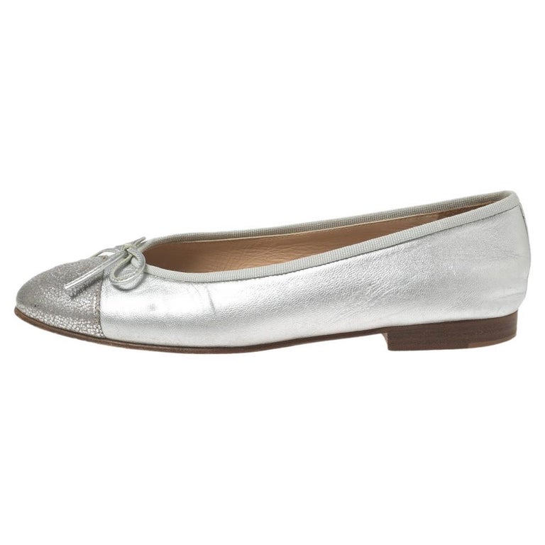 Chanel Silver Leather CC Cap Toe Bow Ballet Flats Size 37 at 1stDibs