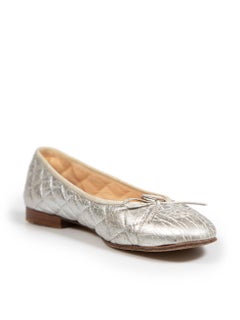 Chanel Silver Leather Crinkle Effect Ballet Flats Size IT 40