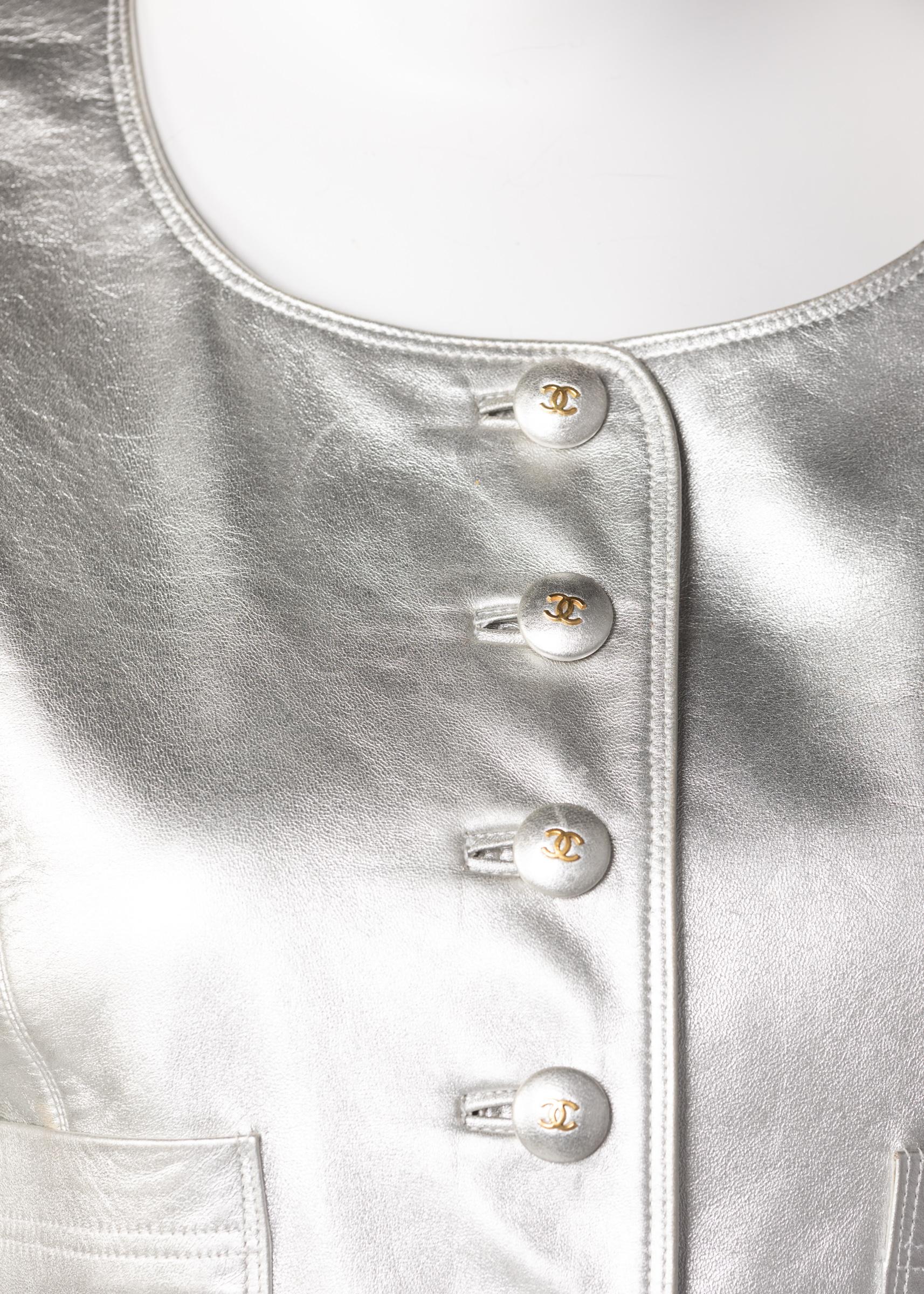 Chanel Silver Leather Cropped Vest, 1990s 3