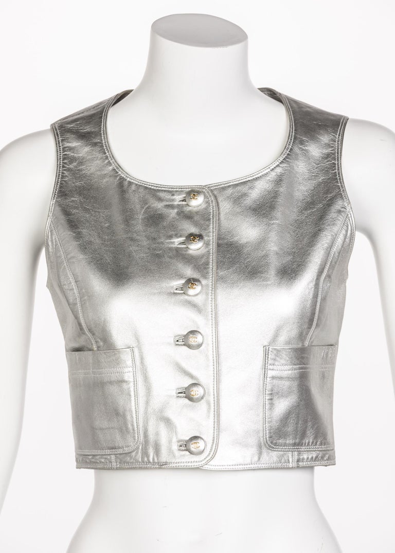Chanel Silver Leather Cropped Vest, 1990s at 1stDibs  chanel vest, silver  leather vest, silver cropped vest