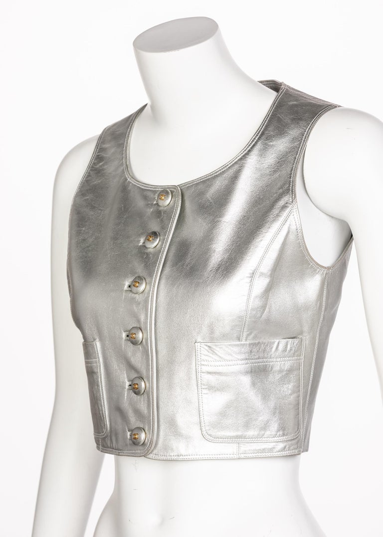Chanel Silver Leather Cropped Vest, 1990s at 1stDibs chanel vest top