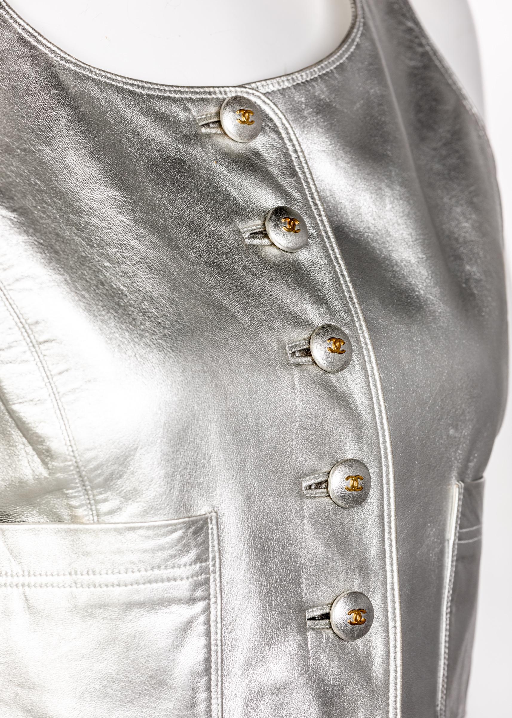 Women's or Men's Chanel Silver Leather Cropped Vest, 1990s