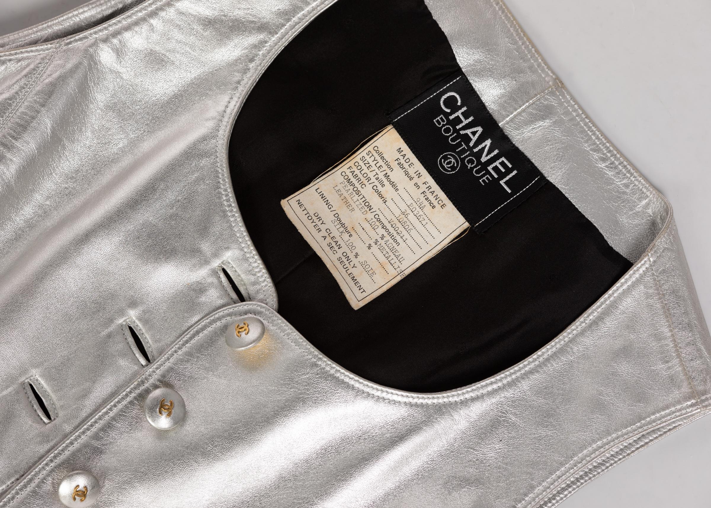 Chanel Silver Leather Cropped Vest, 1990s 1