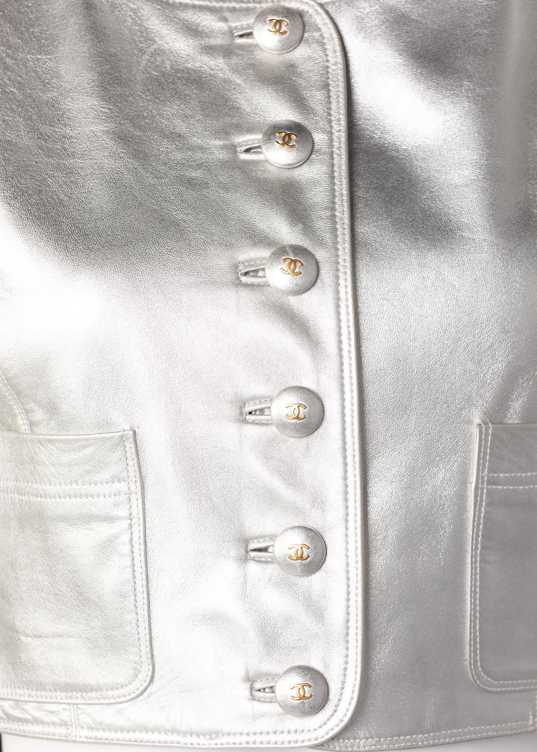 Chanel Silver Leather Cropped Vest, 1990s 2