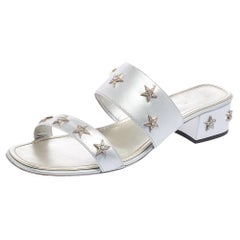 Chanel Metallic Silver Camellia Embellished CC Lock Wooden Clogs Size 40.5  at 1stDibs