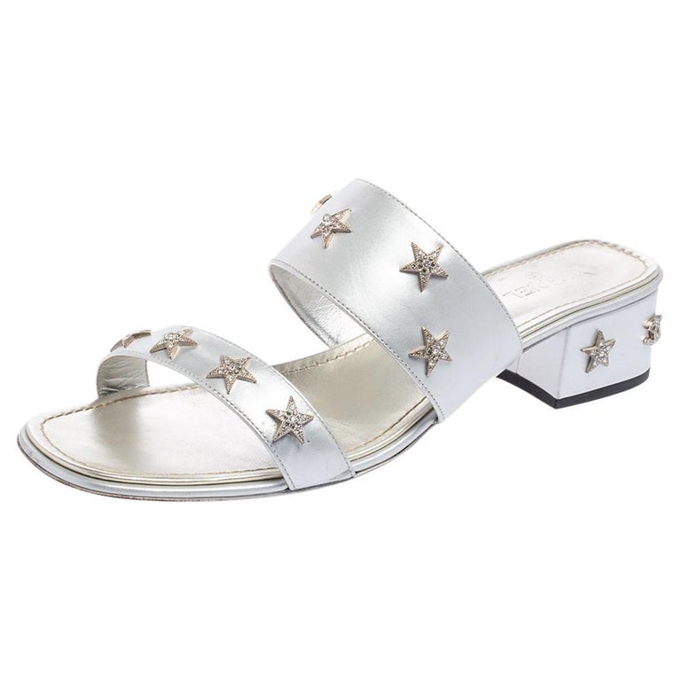 Chanel Silver Leather Embellished Slide Sandals Size 41 at 1stDibs