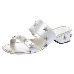 Chanel Silver Leather Embellished Slide Sandals Size 41