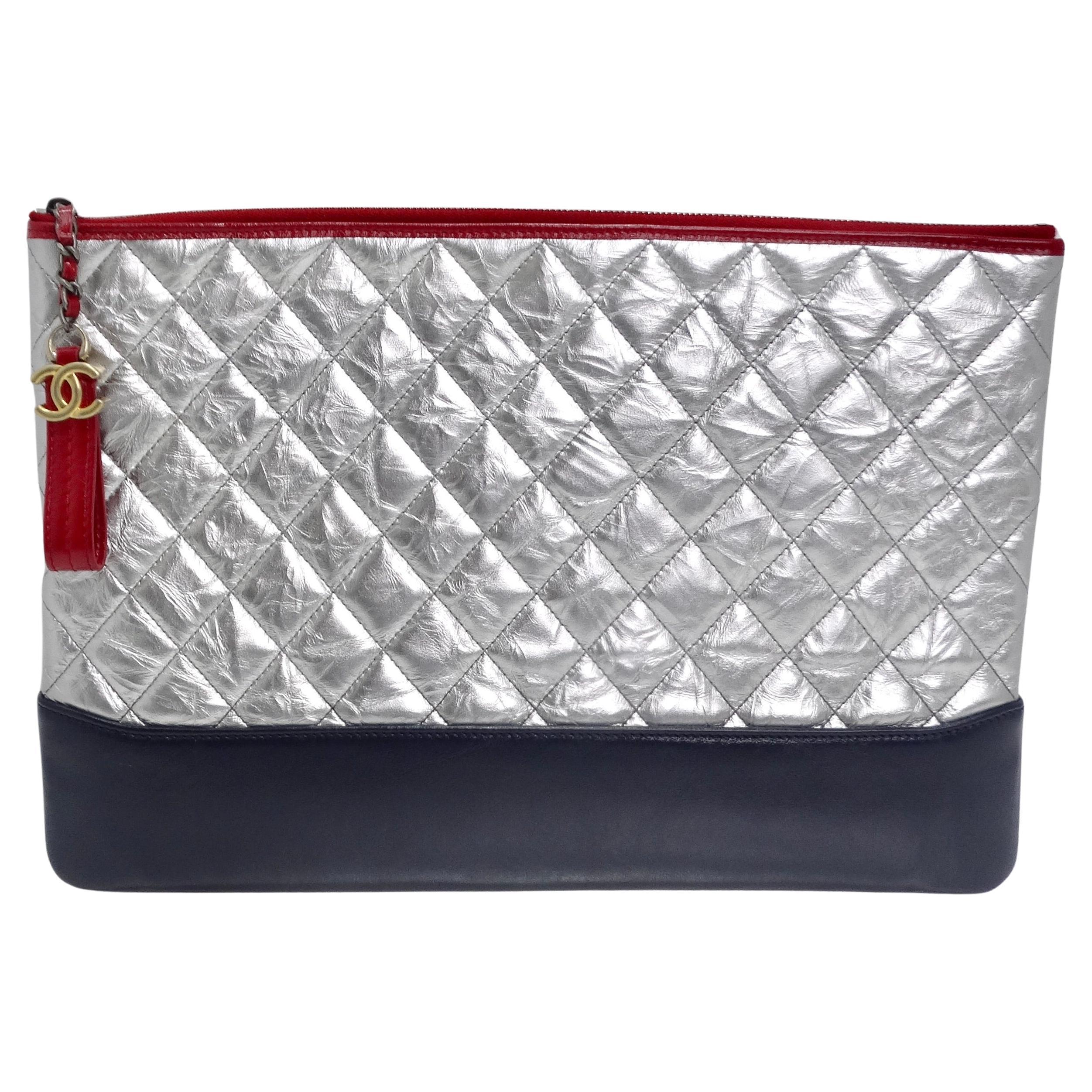Chanel Silver Leather Gabrielle Clutch For Sale