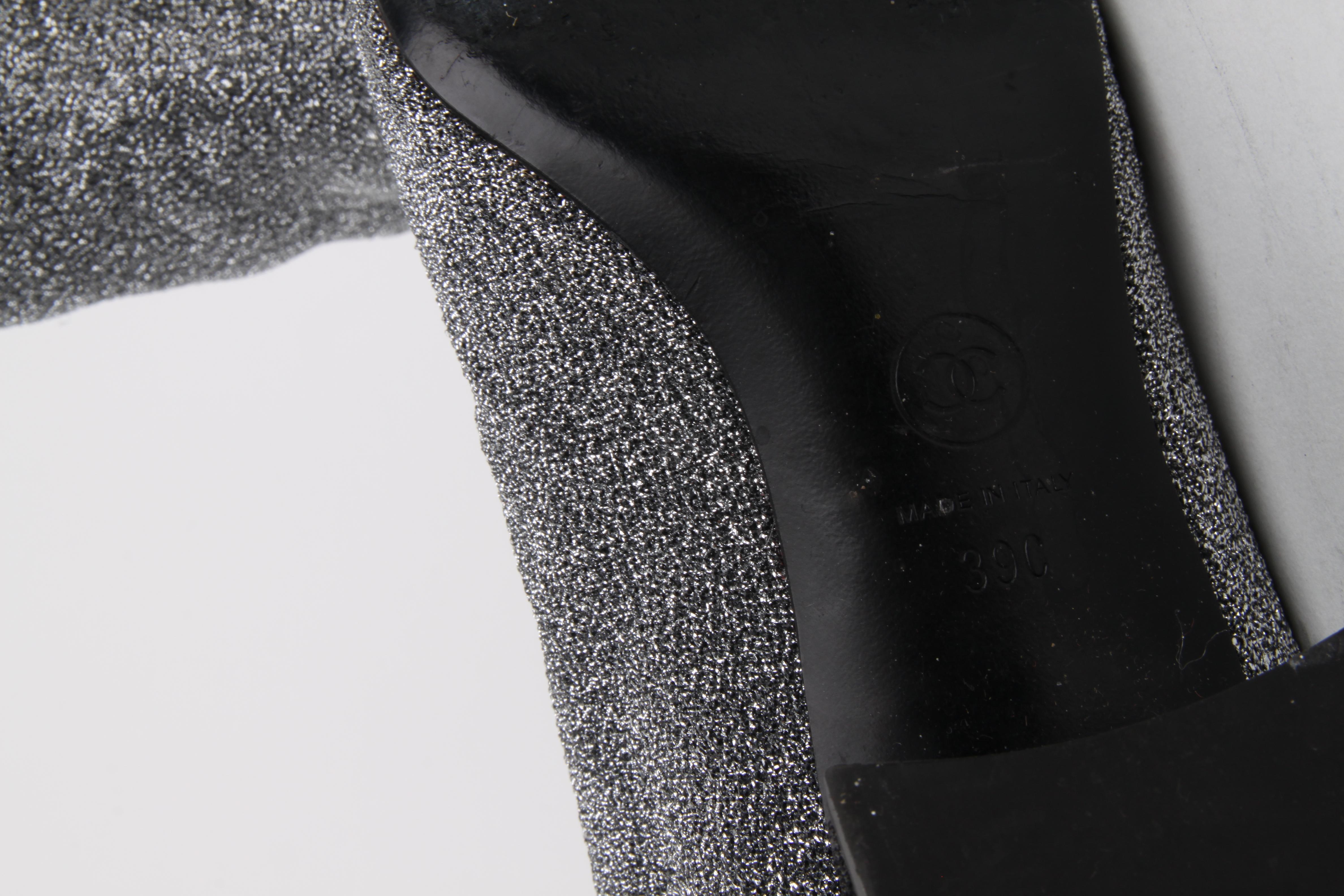 Gray Chanel Silver Leather Glitter Black Toe Cap Riding Boots