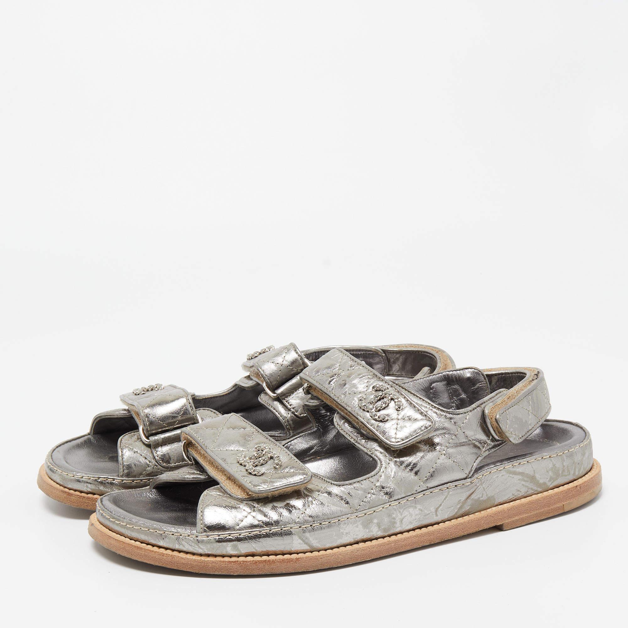 Women's Chanel Silver Leather Interlocking CC Logo Dad Sandals Size 40