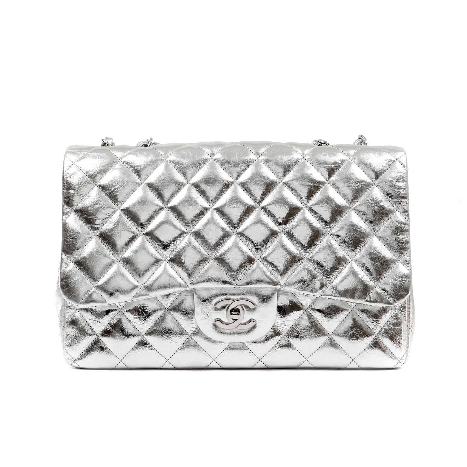 Chanel Silver Foil  Leather Jumbo Classic Flap Bag 1