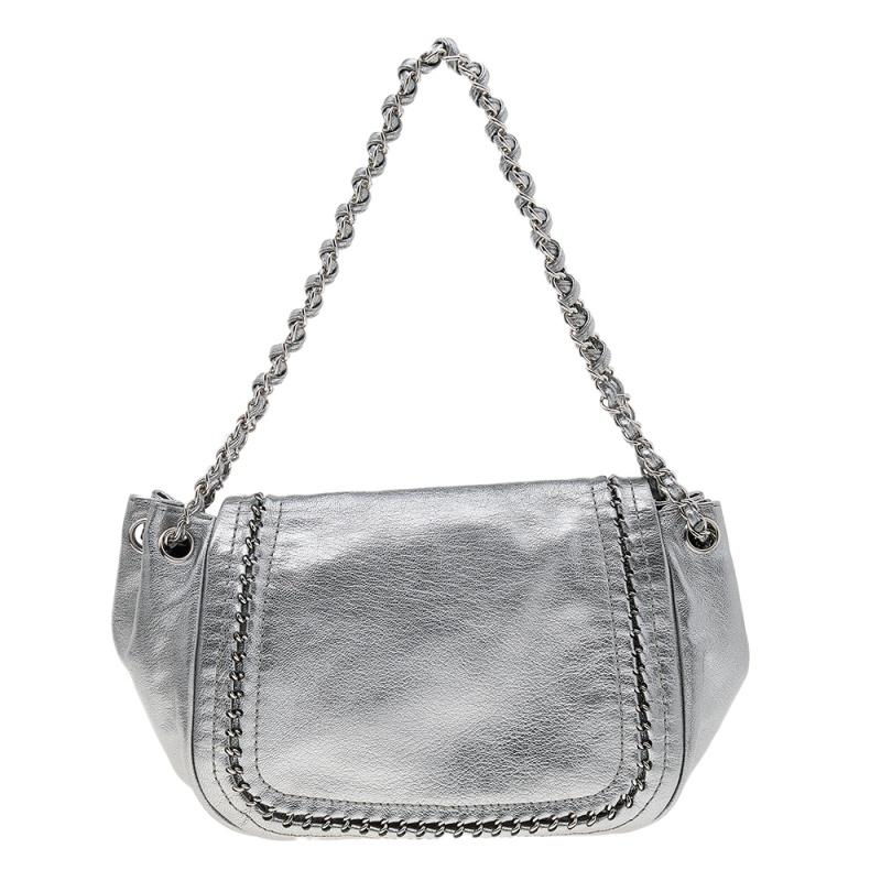 Chanel Silver Leather Luxe Ligne Accordion Flap Bag 7