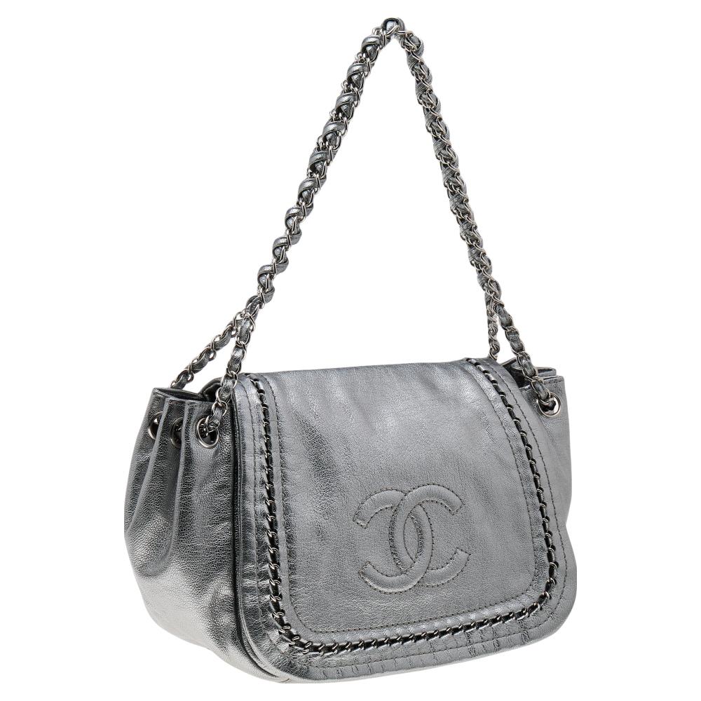 Chanel Silver Leather Luxe Ligne Accordion Flap Bag 4