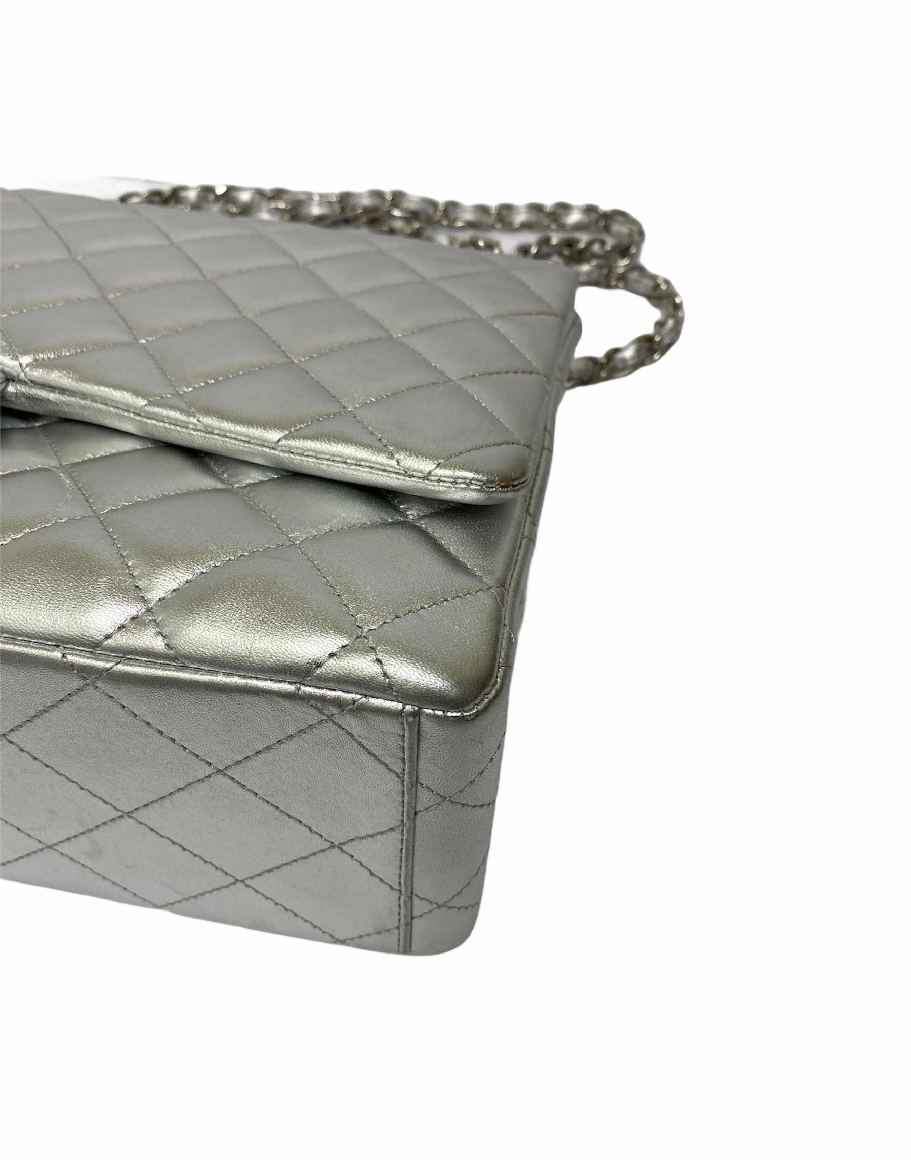 Chanel Silver Leather Maxi Jumbo Bag  5