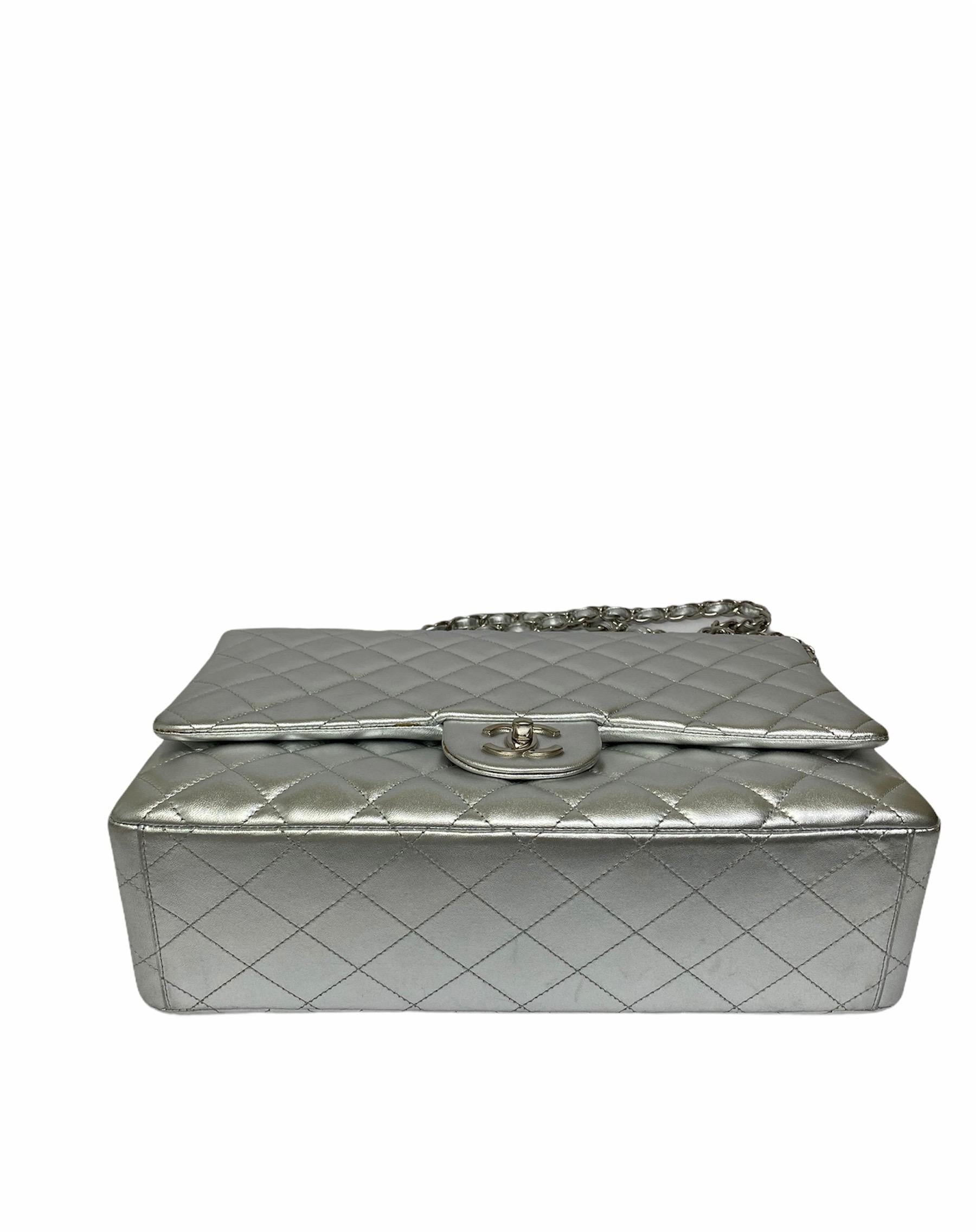 Chanel Silver Leather Maxi Jumbo Bag  3
