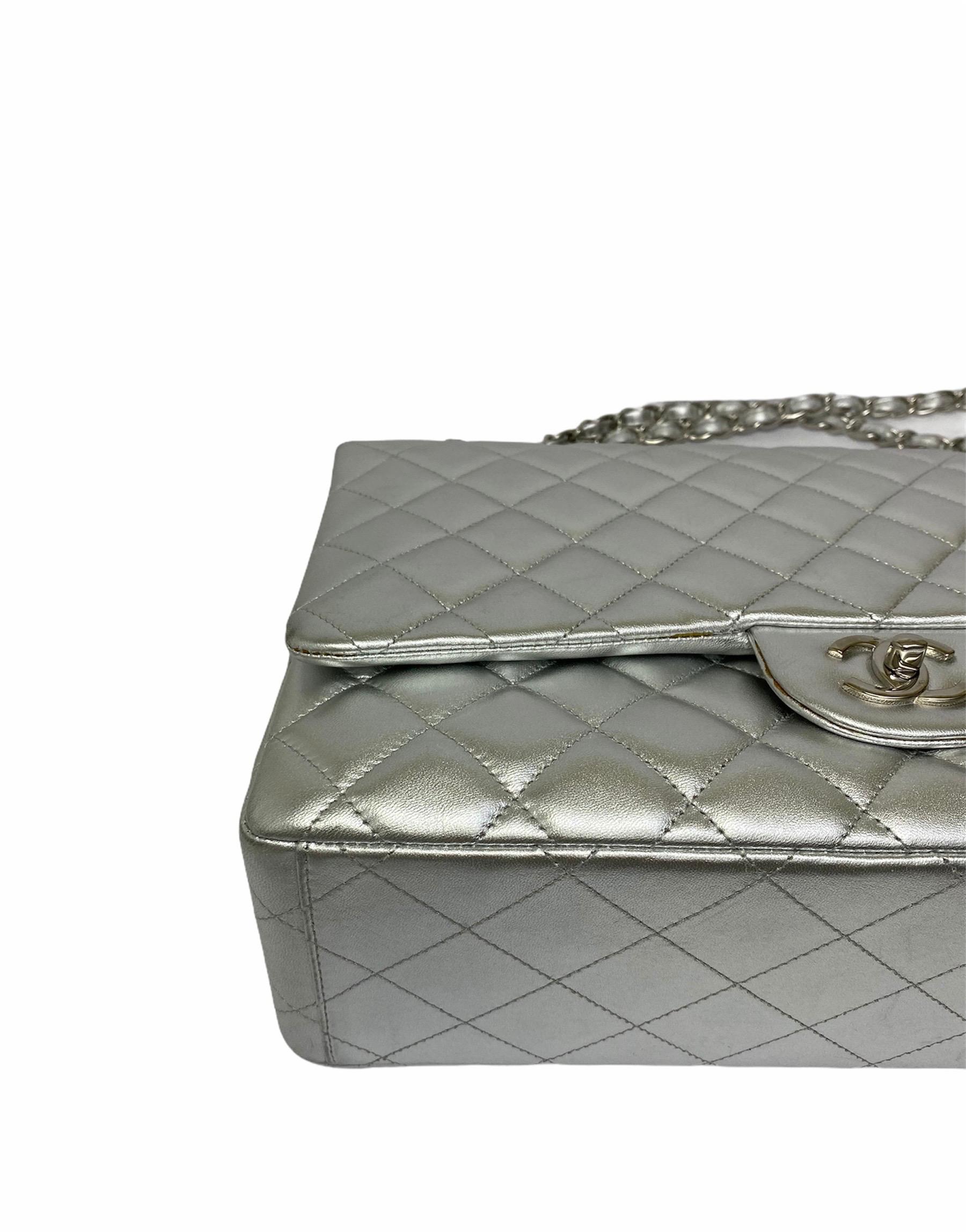 Chanel Silver Leather Maxi Jumbo Bag  4