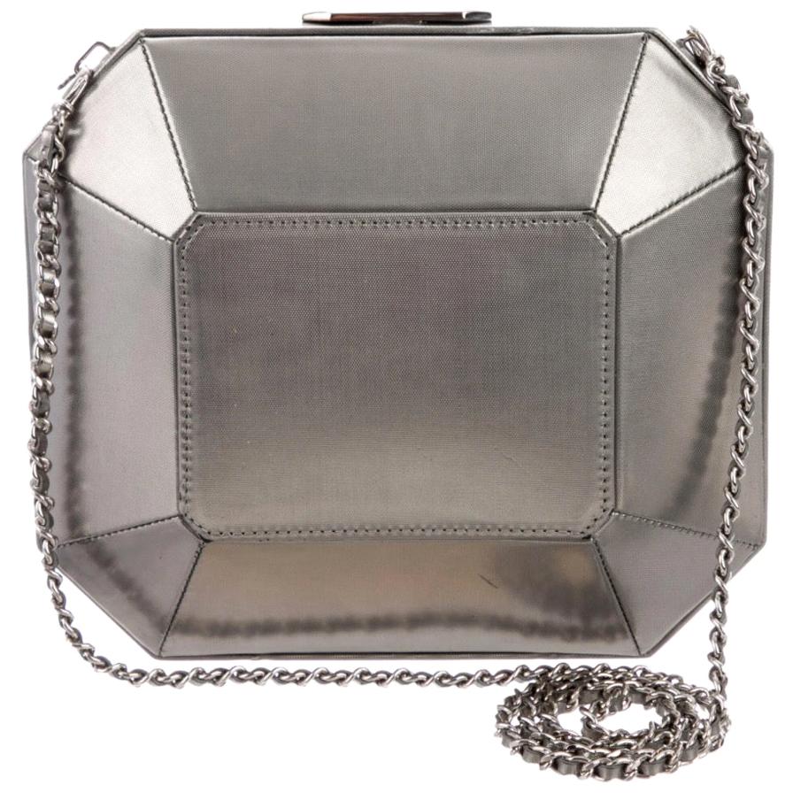 Chanel Silver Leather Medium Evening 2 in 1 Shoulder Flap Clutch Bag