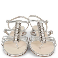 CHANEL silver leather PEARL T-STRAP FLAT Sandals Shoes 39.5