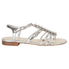 CHANEL silver leather PEARL T-STRAP FLAT Sandals Shoes 39.5
