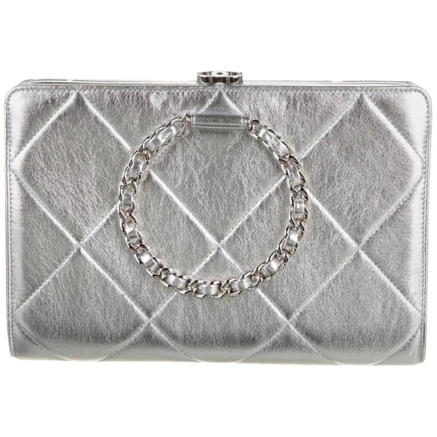 Chanel Silver Leather Quilted Chain Small Evening Clutch Flap Bag 