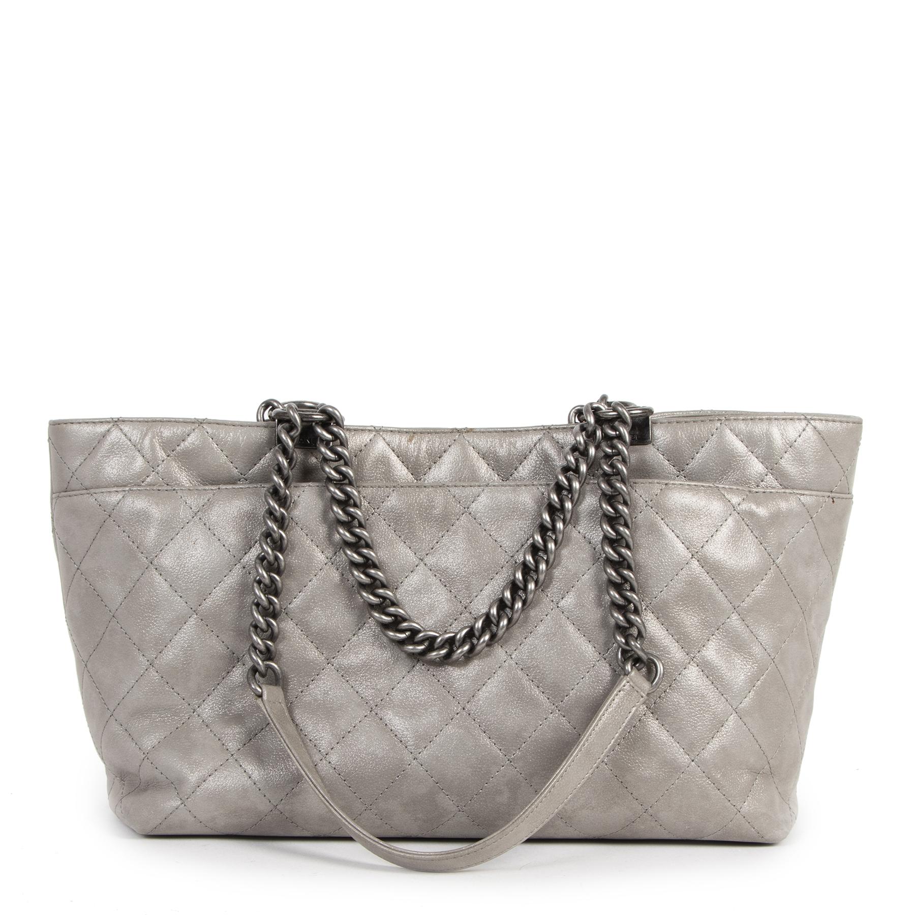 Women's Chanel Silver Leather Quilted Shopping Tote 