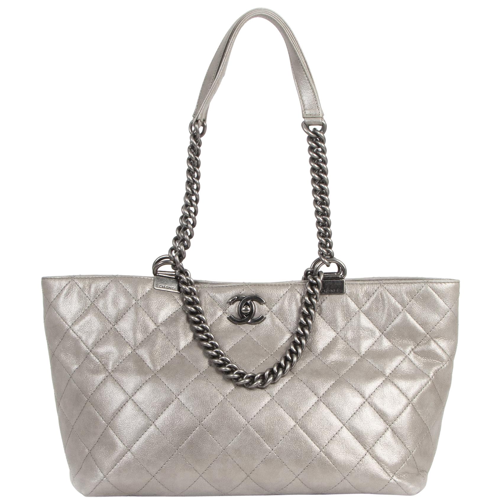 Chanel Silver Leather Quilted Shopping Tote 