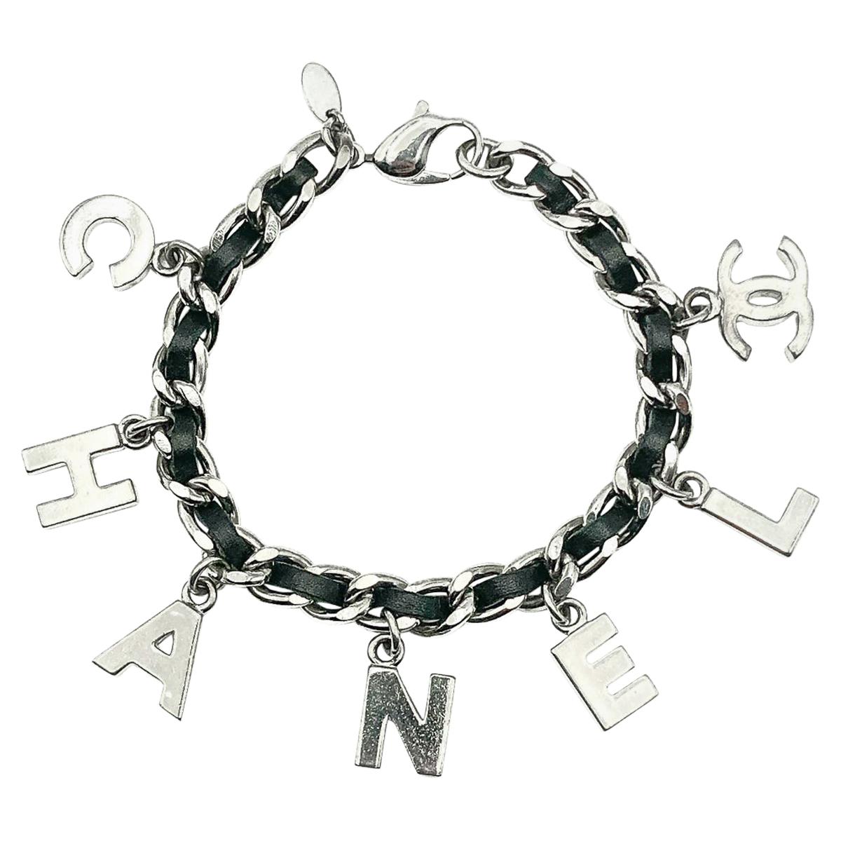 Chanel Silver & Leather Spell Out Letter Charm Bracelet 2004
