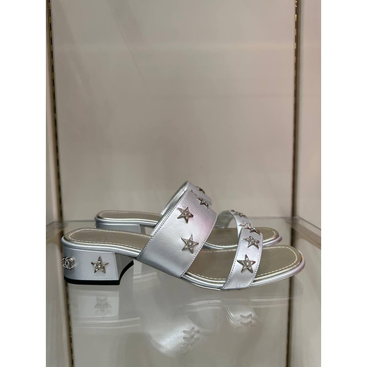 Chanel Silver Leather Star Crystal Mule Sandals EU 39 For Sale at 1stDibs