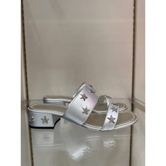 Chanel Silver Leather Star Crystal Mule Sandals EU 39