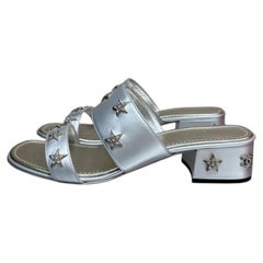 Chanel Silver Leather Star Crystal Mule Sandals EU 39
