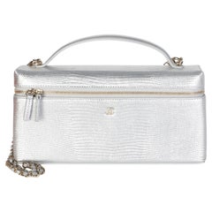 Chanel Silver Lizard Embossed Calfskin Top Handle Slim Vanity With Chain