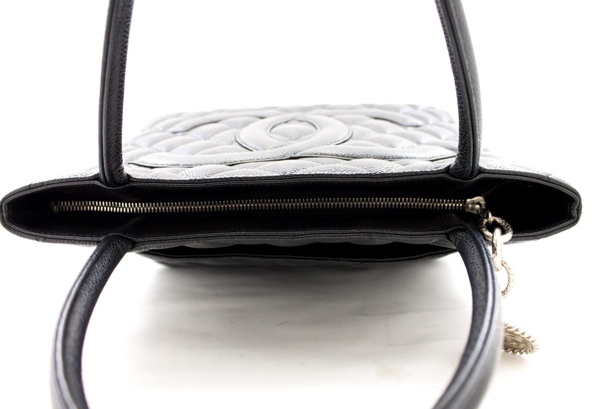 CHANEL Silver Medallion Caviar Shoulder Shopping Tote Bag Black 6