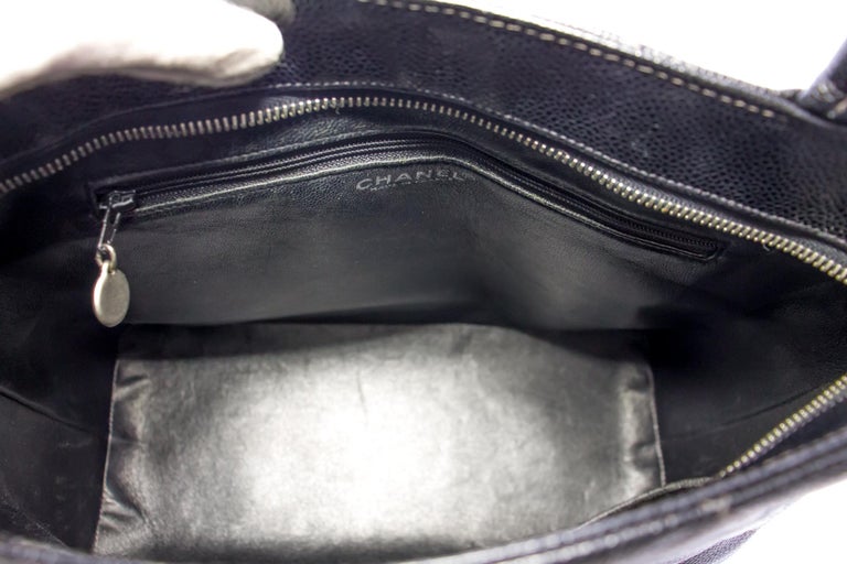 CHANEL Silver Medallion Caviar Shoulder Shopping Tote Bag Black For ...
