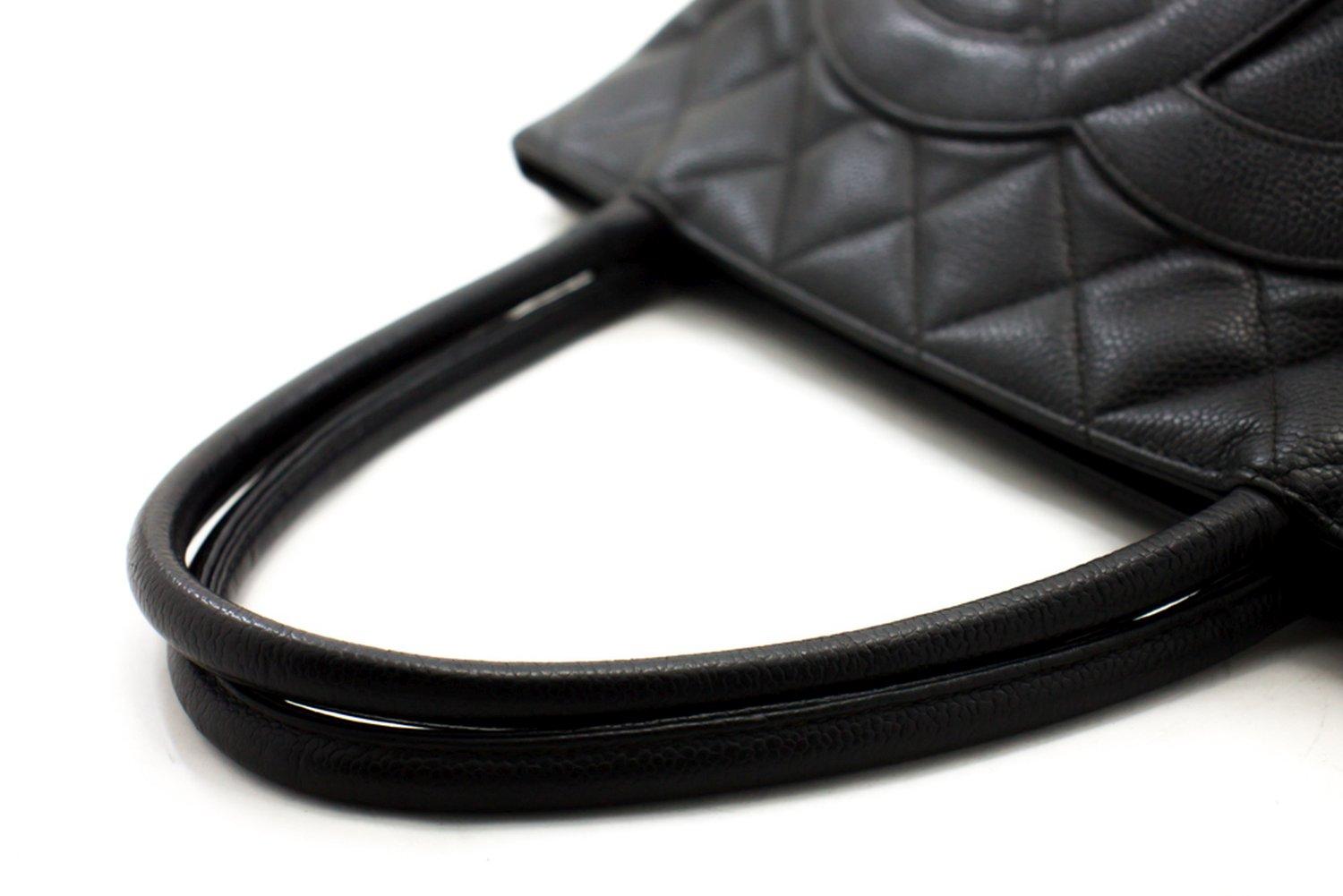 CHANEL Silver Medallion Caviar Shoulder Shopping Tote Bag Black 9