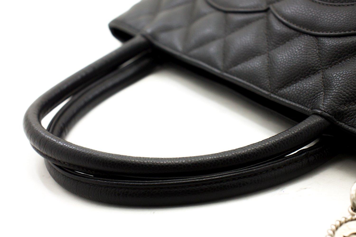 CHANEL Silver Medallion Caviar Shoulder Shopping Tote Bag Black 9