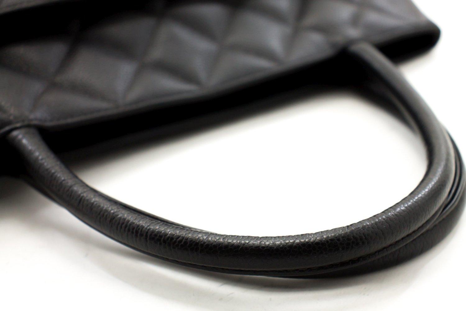 CHANEL Silver Medallion Caviar Shoulder Shopping Tote Bag Black 10