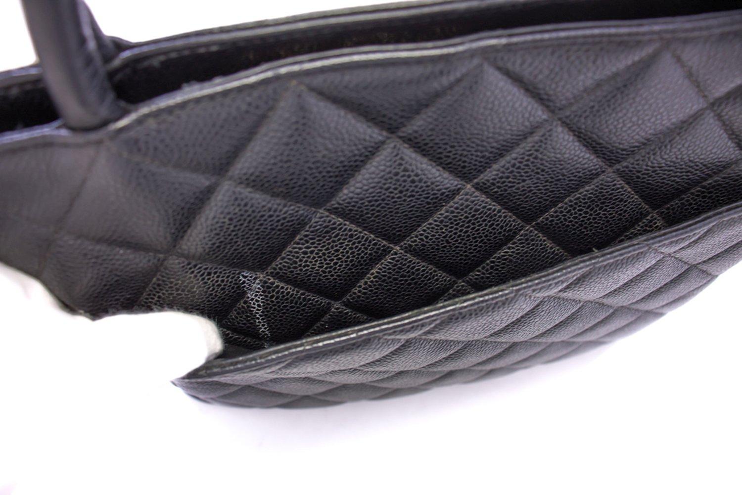 CHANEL Silver Medallion Caviar Shoulder Shopping Tote Bag Black 12
