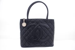 CHANEL Silver Medallion Caviar Shoulder Shopping Tote Bag Black