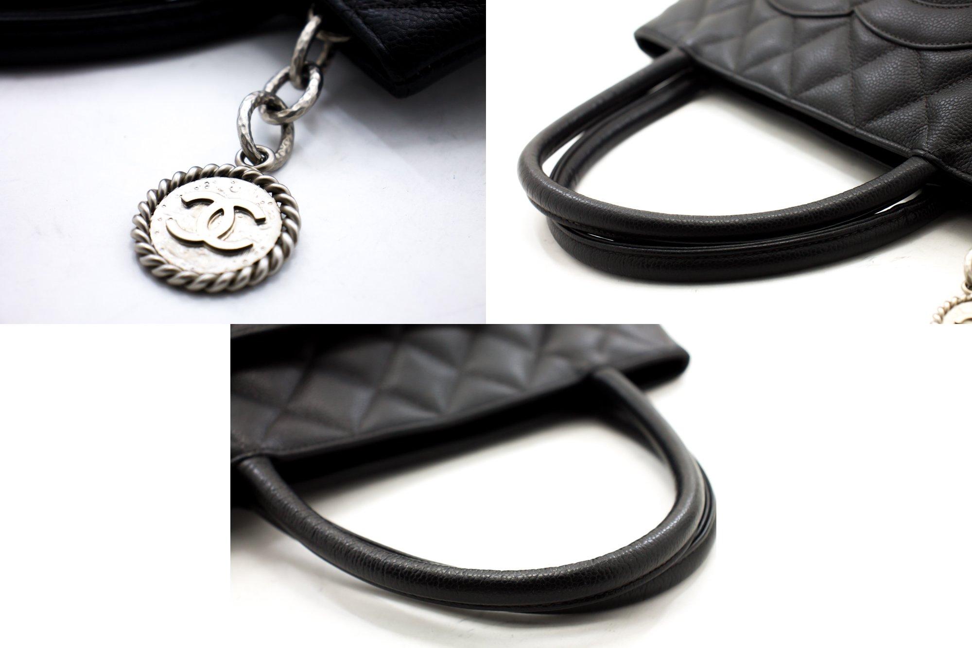 CHANEL Silver Medallion Caviar Shoulder Shopping Tote Bag Black 3