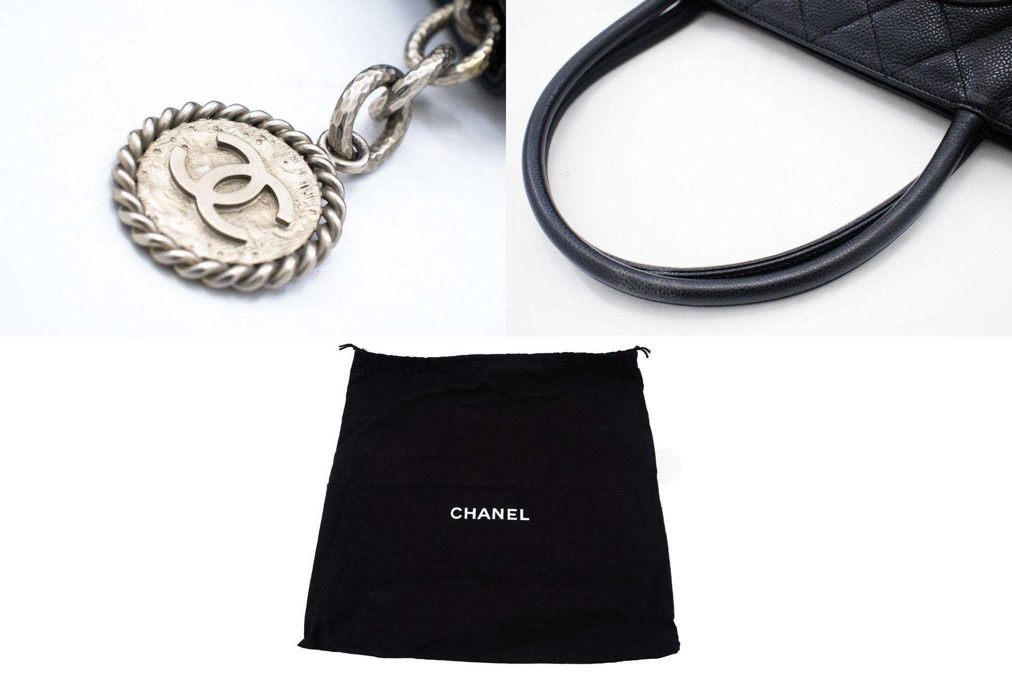CHANEL Silver Medallion Caviar Shoulder Shopping Tote Bag Black For Sale 3