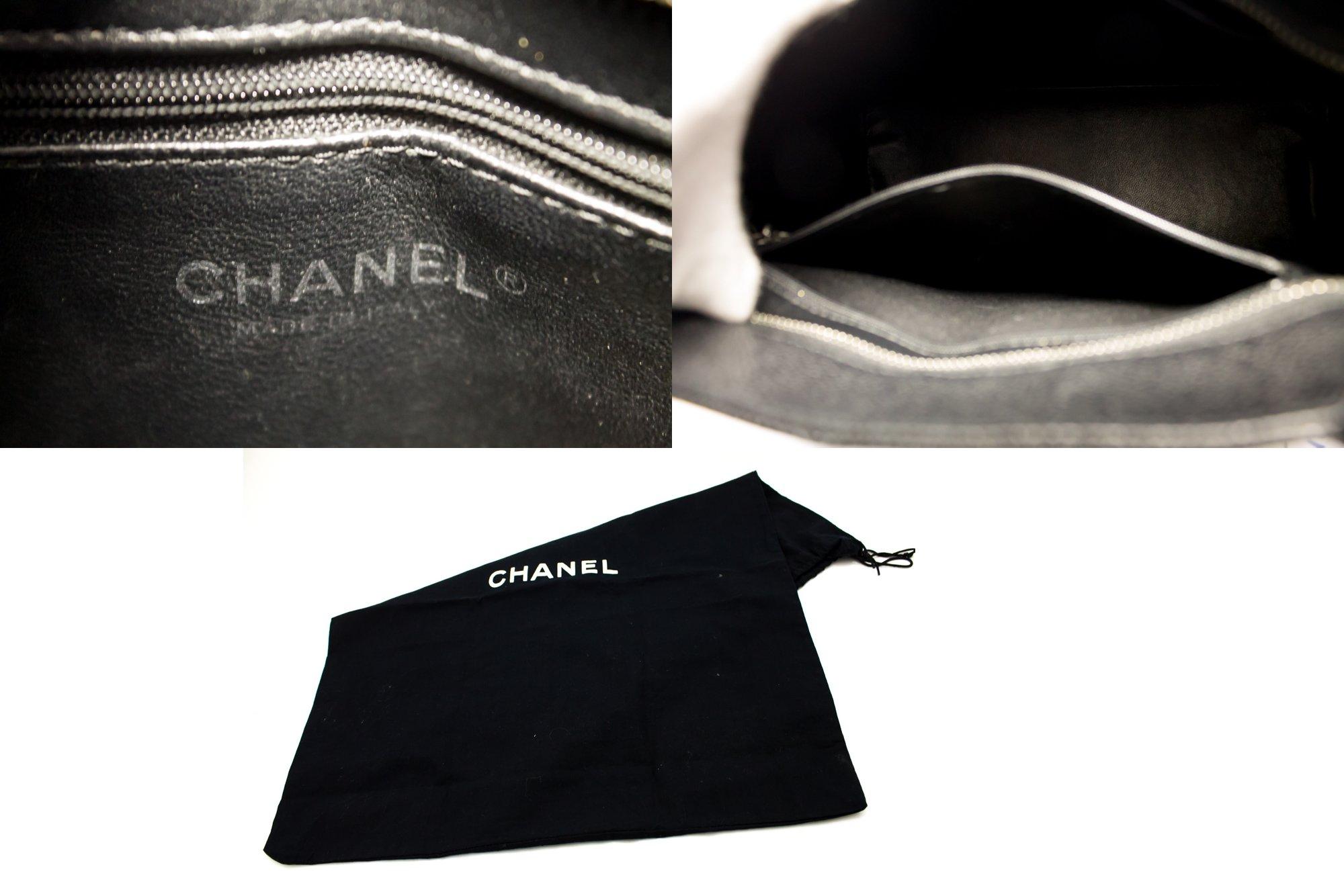 CHANEL Silver Medallion Caviar Shoulder Shopping Tote Bag Black 4