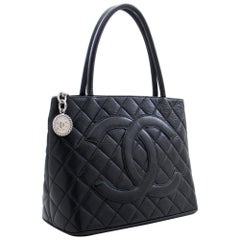 CHANEL Silver Medallion Caviar Shoulder Shopping Tote Bag Black