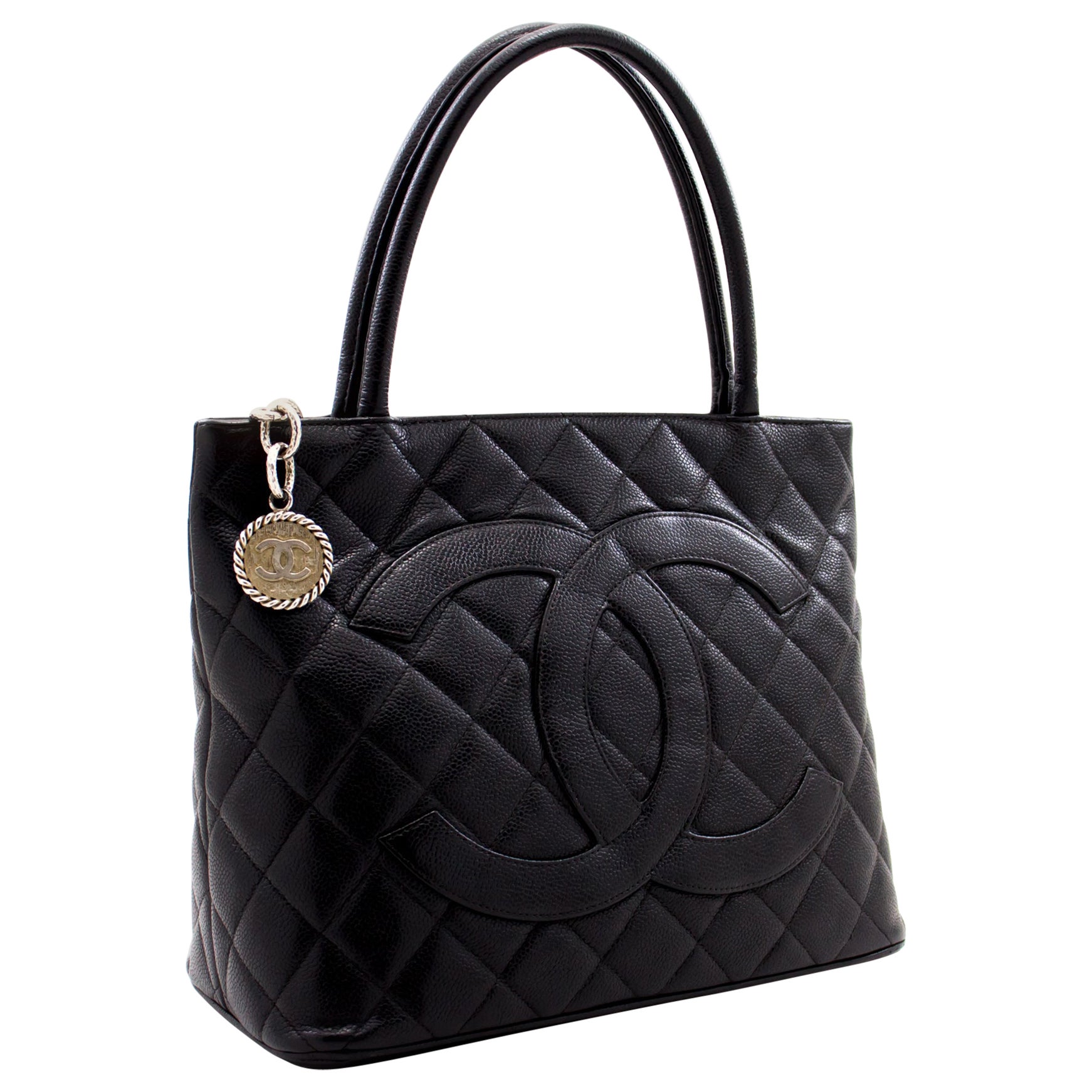 CHANEL Silver Medallion Caviar Shoulder Shopping Tote Bag Black For Sale
