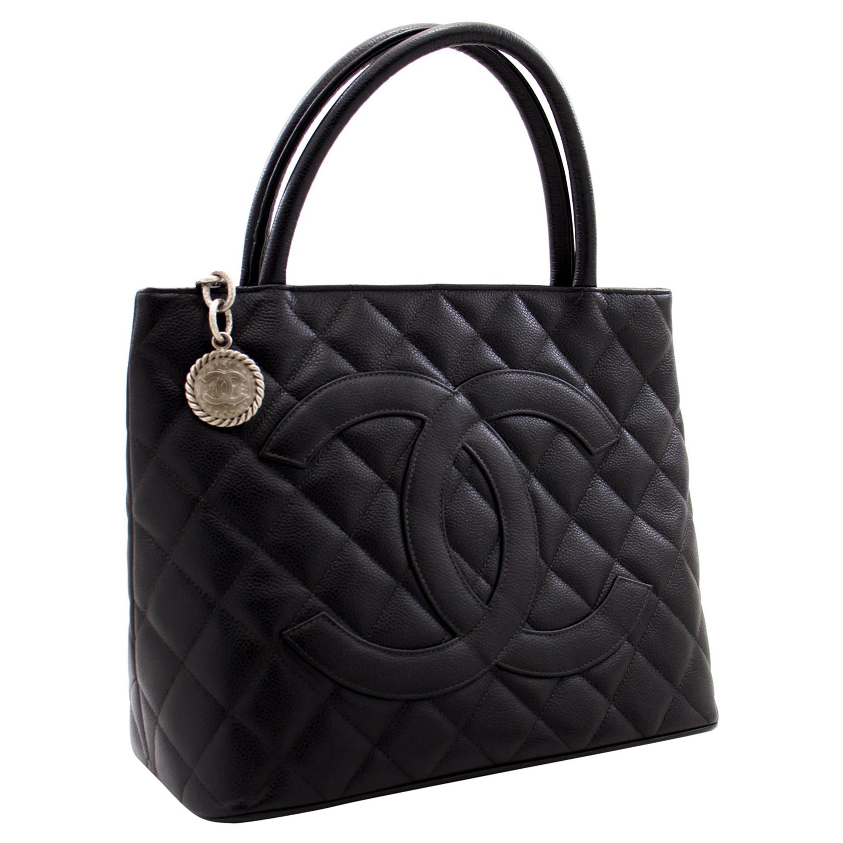 CHANEL Silver Medallion Caviar Shoulder Shopping Tote Bag Black For Sale