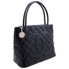 CHANEL Silver Medallion Caviar Shoulder Shopping Tote Bag Black