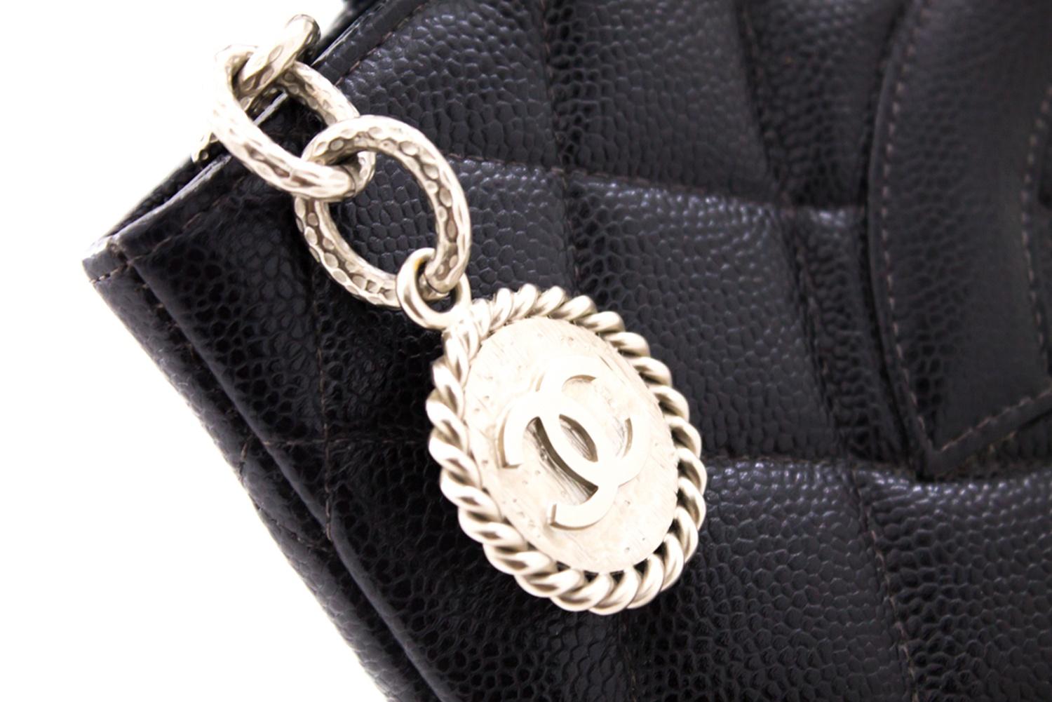 CHANEL Silver Medallion Caviar Shoulder Shopping Tote Bag Black Leather 8
