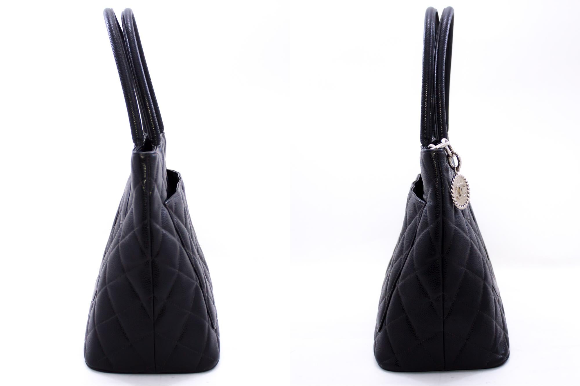 CHANEL Silver Medallion Caviar Shoulder Shopping Tote Bag Black Leather 1
