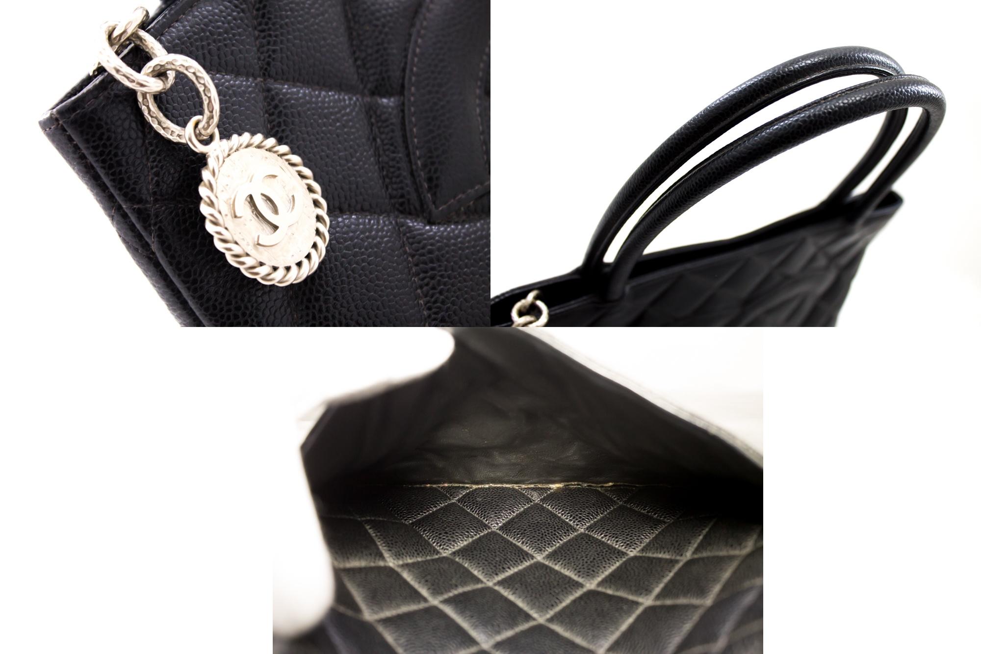CHANEL Silver Medallion Caviar Shoulder Shopping Tote Bag Black Leather 3