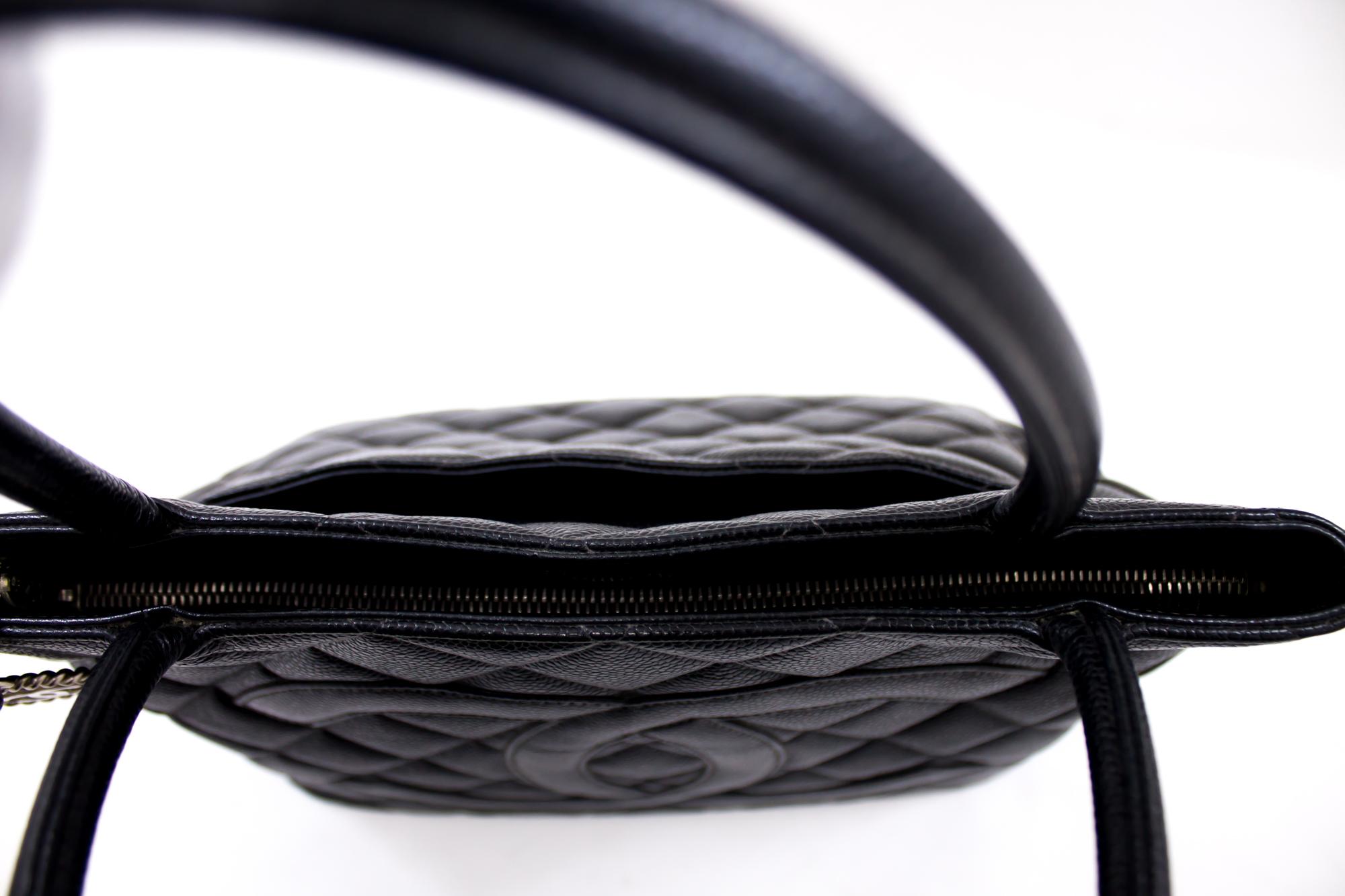 CHANEL Silver Medallion Caviar Shoulder Shopping Tote Bag Black Leather 5